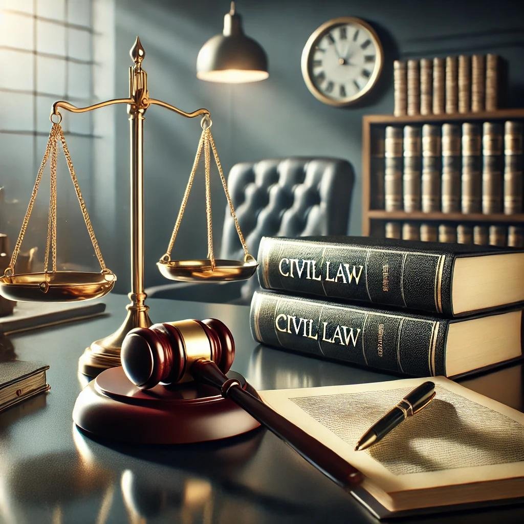 Imagem elegante representando especialistas em direito civil, com um ambiente de escritório profissional apresentando livros jurídicos, um martelo, uma balança da justiça e documentos sobre uma mesa polida. A composição transmite confiança, expertise e seriedade, ideal para destacar serviços jurídicos de alto padrão.